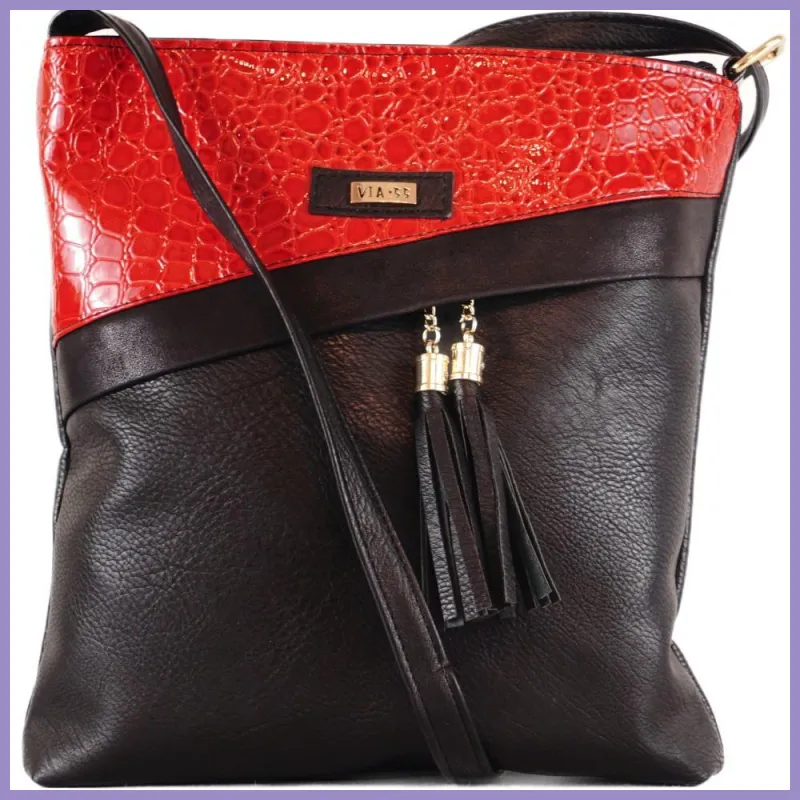 VIA55 női keresztpántos táska ferde zsebbel, rostbőr, fekete-piros lupusbag-hu 1