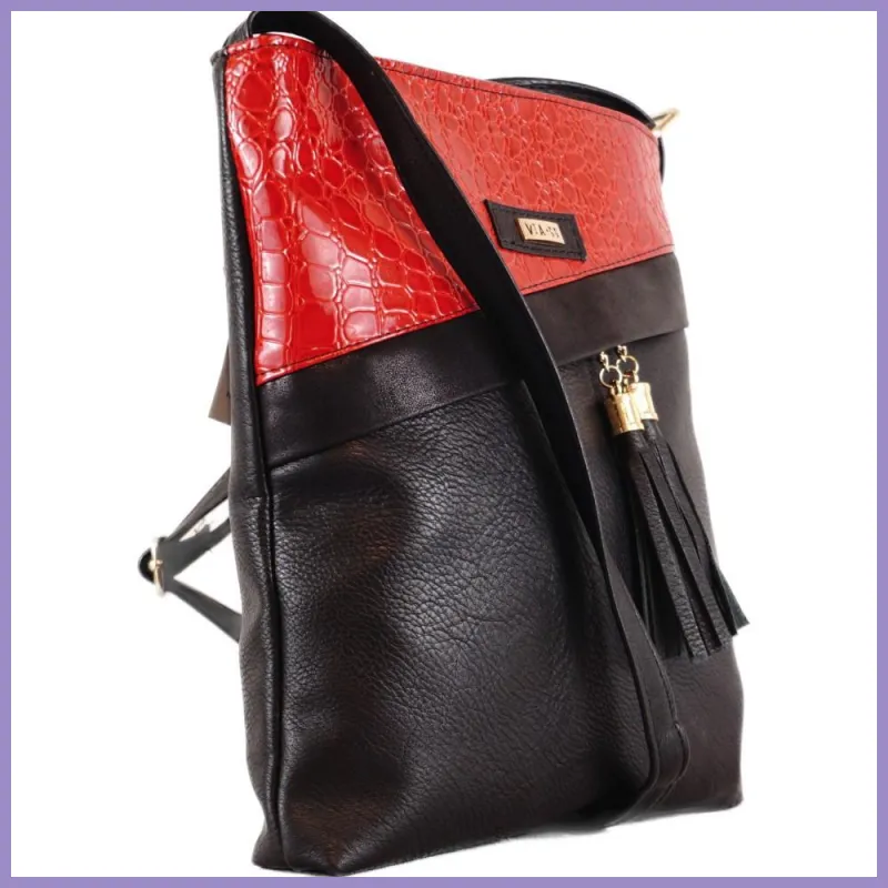 VIA55 női keresztpántos táska ferde zsebbel, rostbőr, fekete-piros lupusbag-hu 2