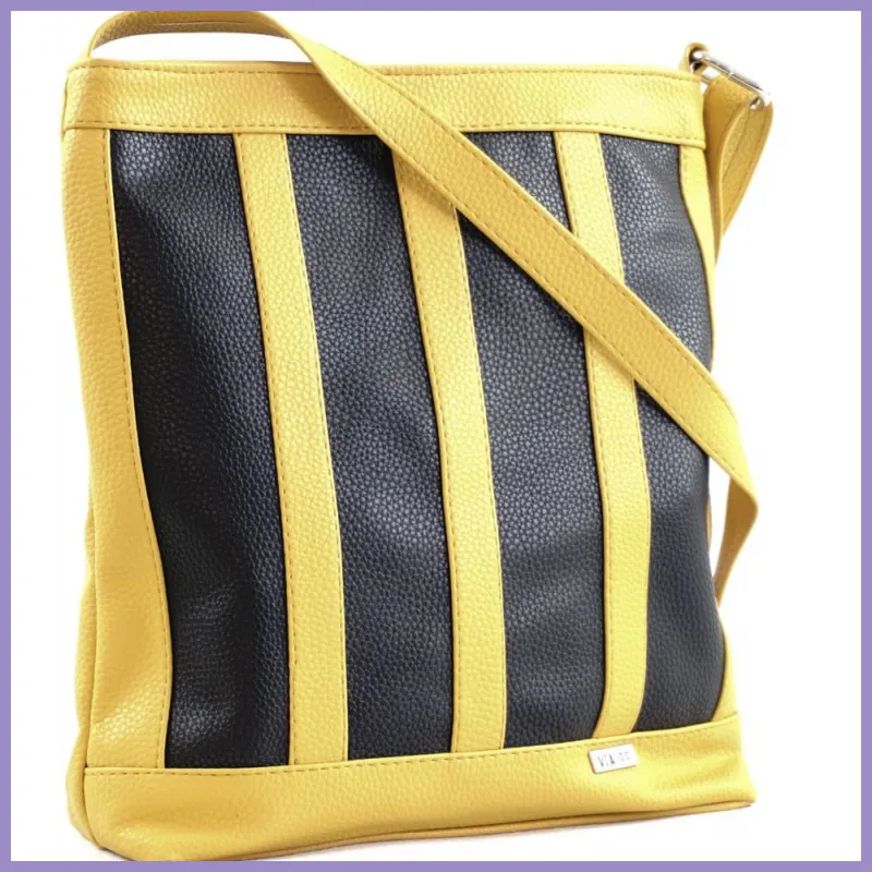 VIA55 női keresztpántos táska függőleges csíkokkal, rostbőr, sárga lupusbag-hu 2