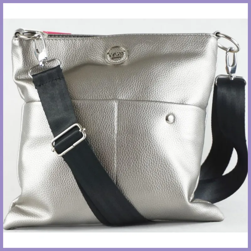 VIA55 női keresztpántos táska mágneses zsebekkel, rostbőr, ezüst lupusbag-hu 1