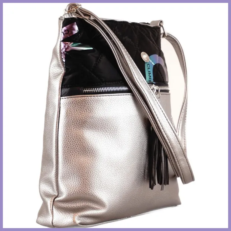 VIA55 női keresztpántos táska széles bojtos zsebbel, rostbőr, ezüst lupusbag-hu 2