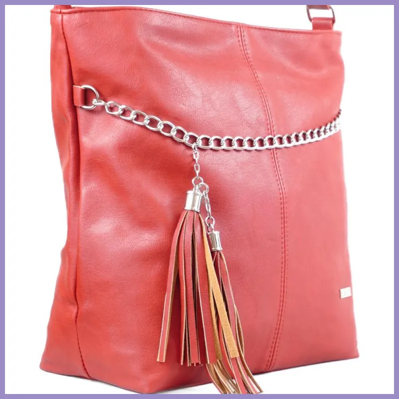 VIA55 női láncos válltáska rojttal, rostbőr, piros lupusbag-hu 3