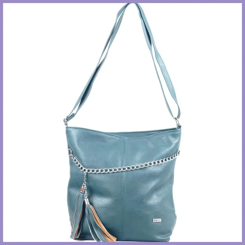 VIA55 női láncos válltáska rojttal, rostbőr, zöld lupusbag-hu 1