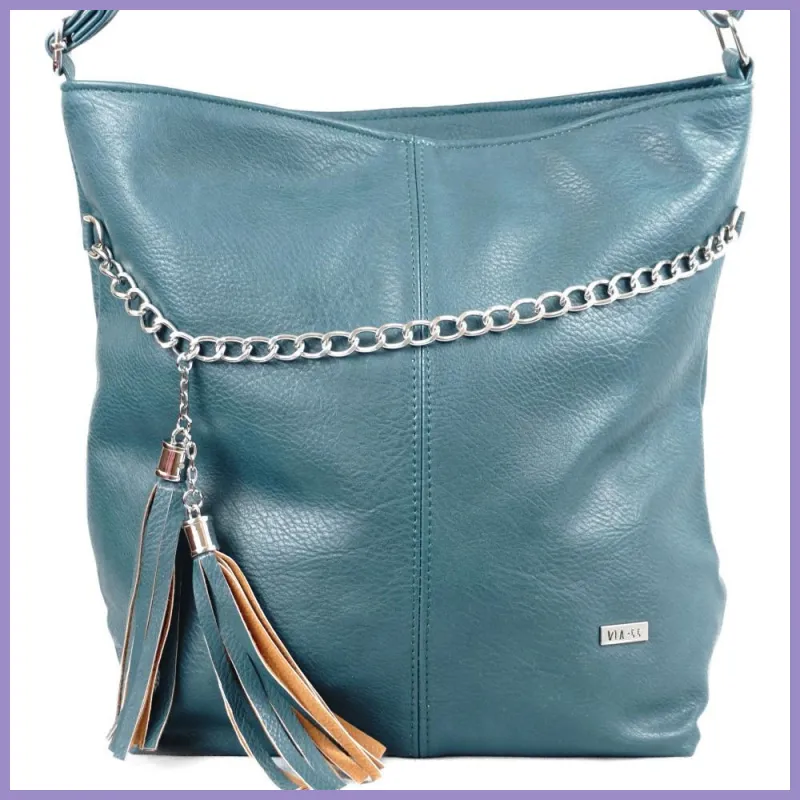 VIA55 női láncos válltáska rojttal, rostbőr, zöld lupusbag-hu 2