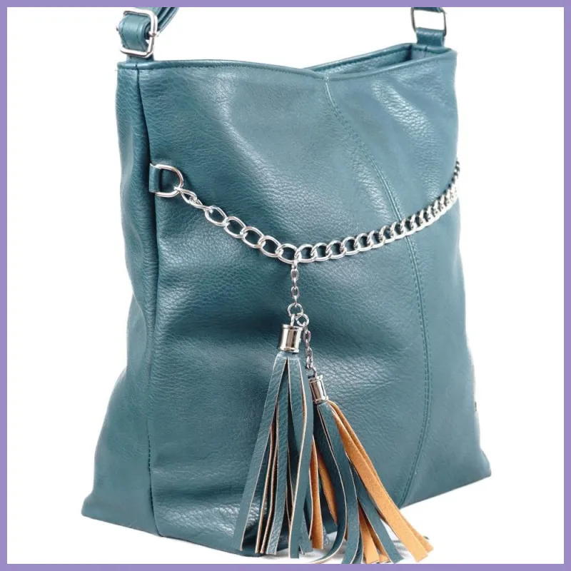 VIA55 női láncos válltáska rojttal, rostbőr, zöld lupusbag-hu 3