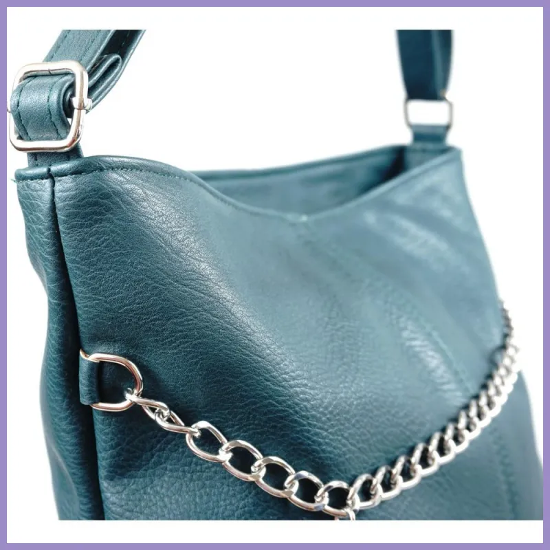 VIA55 női láncos válltáska rojttal, rostbőr, zöld lupusbag-hu 5