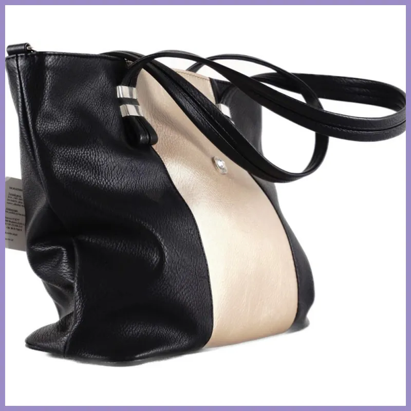 VIA55 női válltáska díszes vállpánttal, rostbőr, fekete-arany lupusbag-hu 2