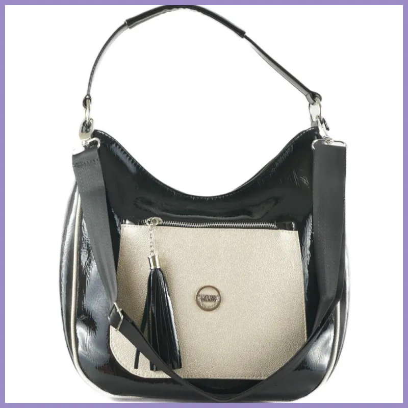 VIA55 női válltáska díszes zsebbel, rostbőr, fekete-arany lupusbag-hu 1