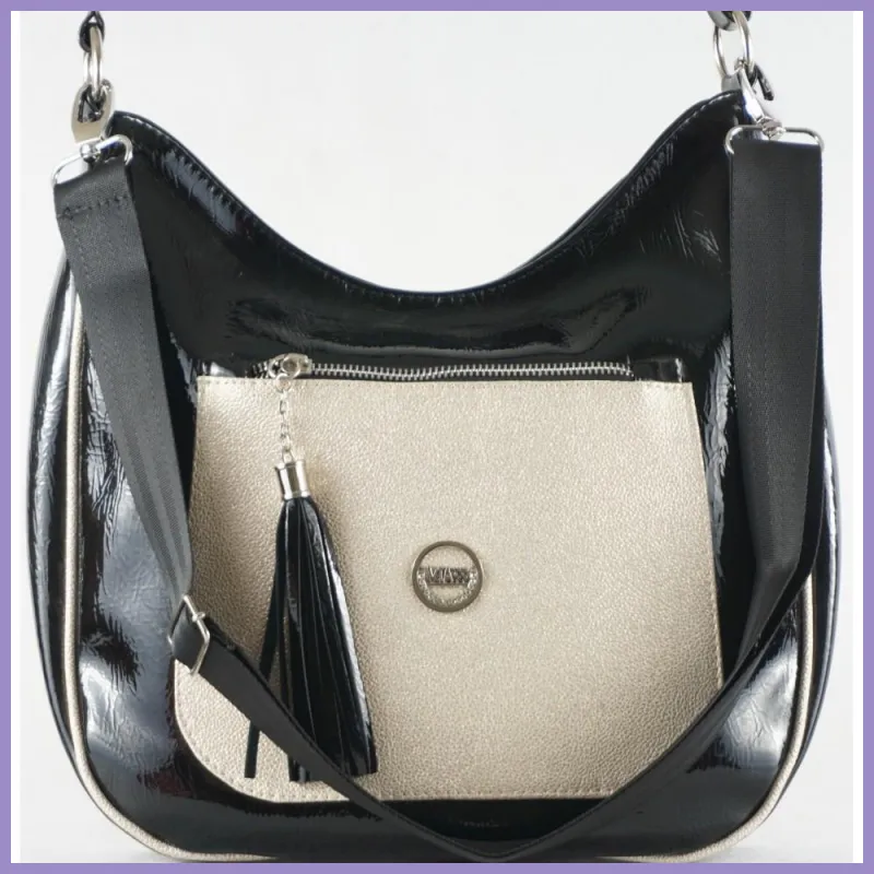 VIA55 női válltáska díszes zsebbel, rostbőr, fekete-arany lupusbag-hu 2