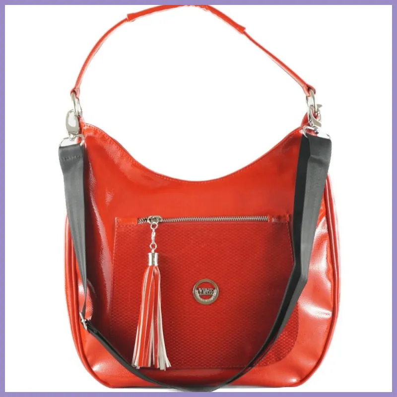 VIA55 női válltáska díszes zsebbel, rostbőr, piros lupusbag-hu 1