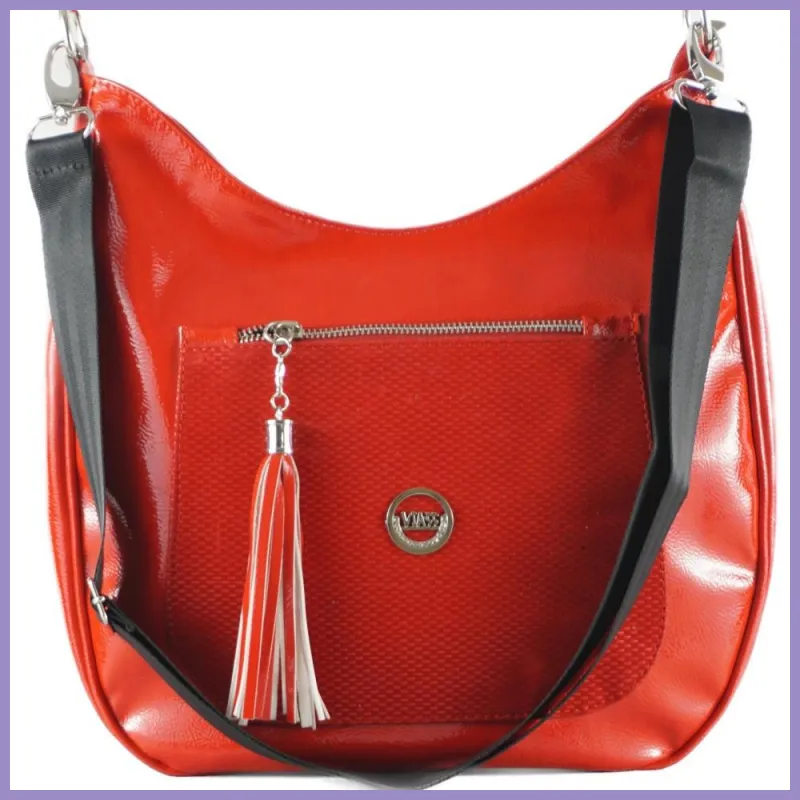 VIA55 női válltáska díszes zsebbel, rostbőr, piros lupusbag-hu 2