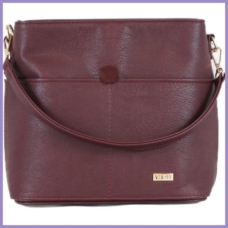 VIA55 női válltáska díszgombbal, rostbőr, bordó lupusbag-hu 1