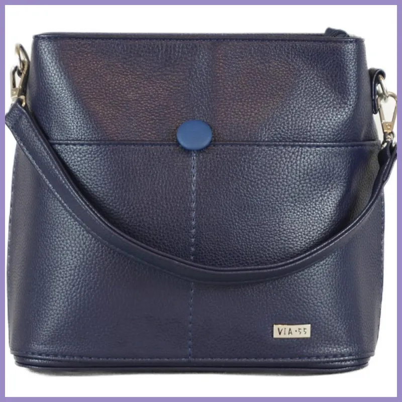 VIA55 női válltáska díszgombbal, rostbőr, kék lupusbag-hu 1