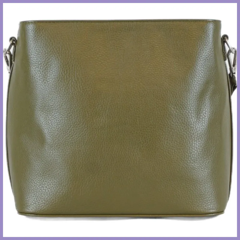 VIA55 női válltáska díszgombbal, rostbőr, khaki lupusbag-hu 3