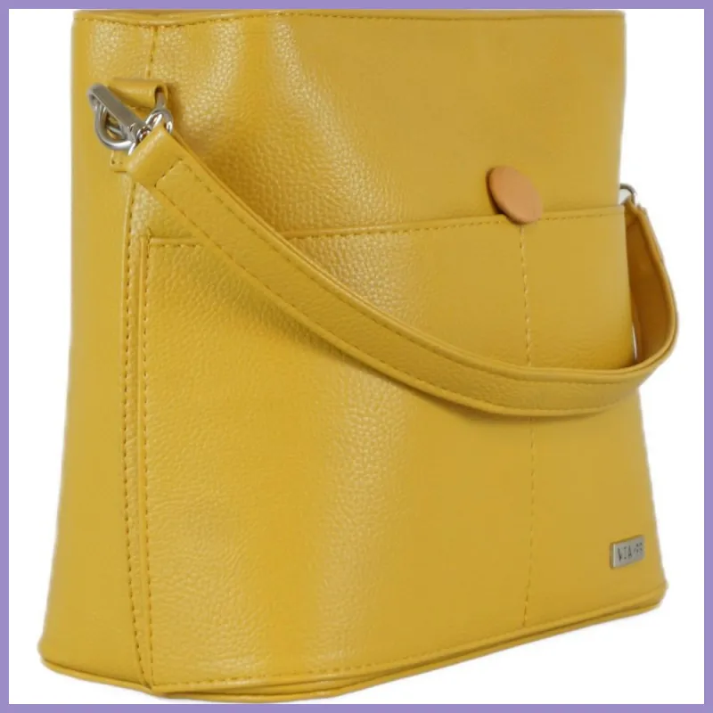 VIA55 női válltáska díszgombbal, rostbőr, mustár lupusbag-hu 2