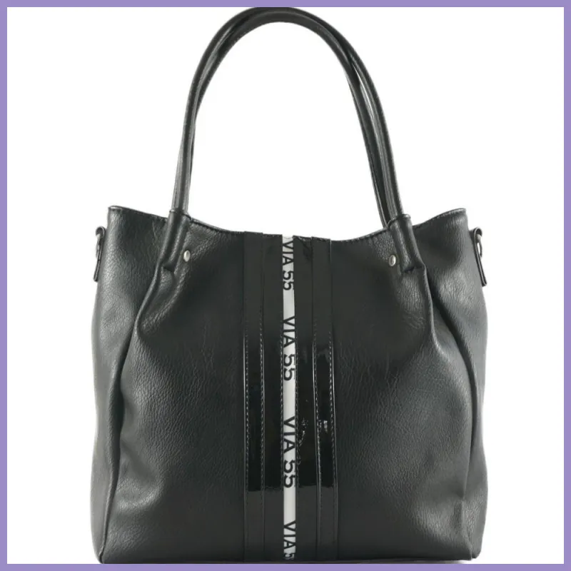 VIA55 női válltáska felirattal dagi fazonban, rostbőr, fekete lupusbag-hu 1
