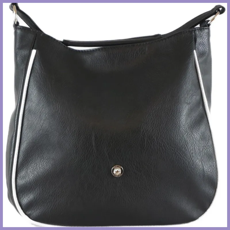 VIA55 női válltáska karikás füllel, rostbőr, ezüst-fekete lupusbag-hu 2