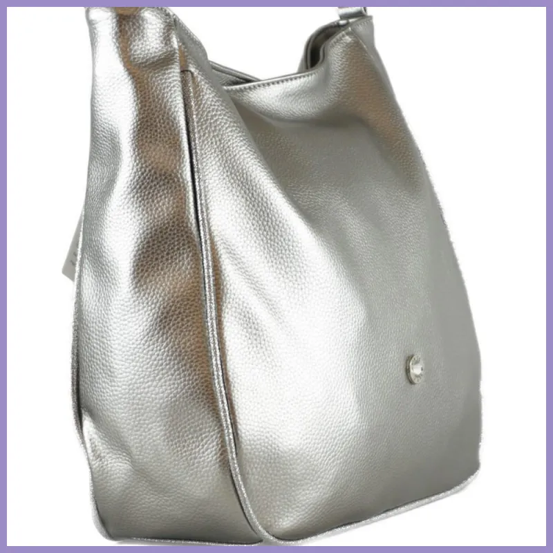 VIA55 női válltáska karikás füllel, rostbőr, ezüst lupusbag-hu 3