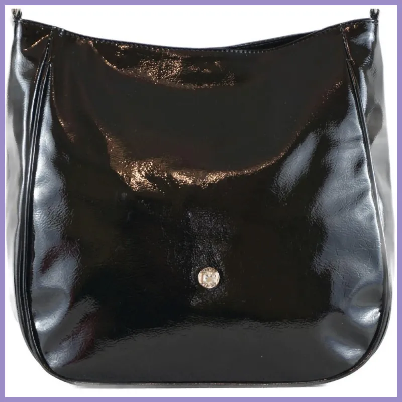 VIA55 női válltáska karikás füllel, rostbőr, lakk-fekete lupusbag-hu 2