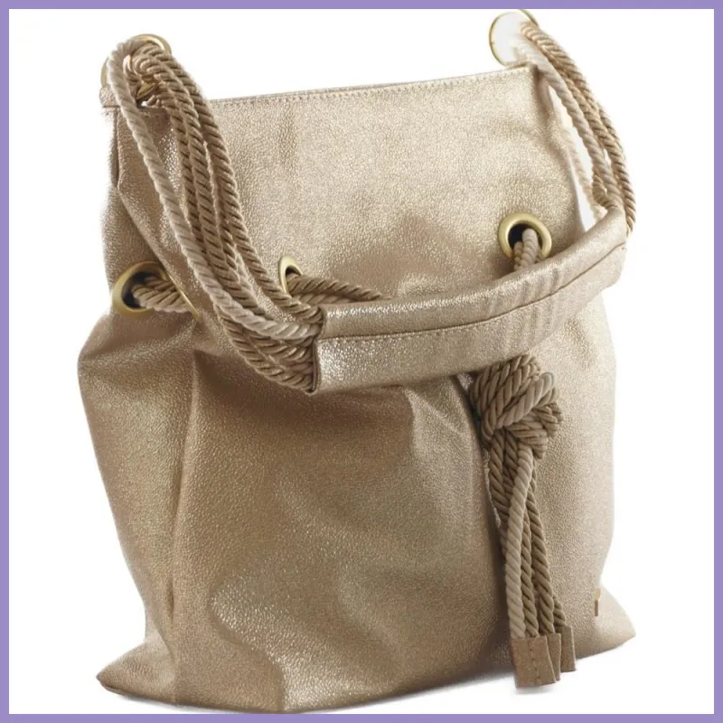 VIA55 női válltáska kötéllel és karikával, rostbőr, arany lupusbag-hu 3