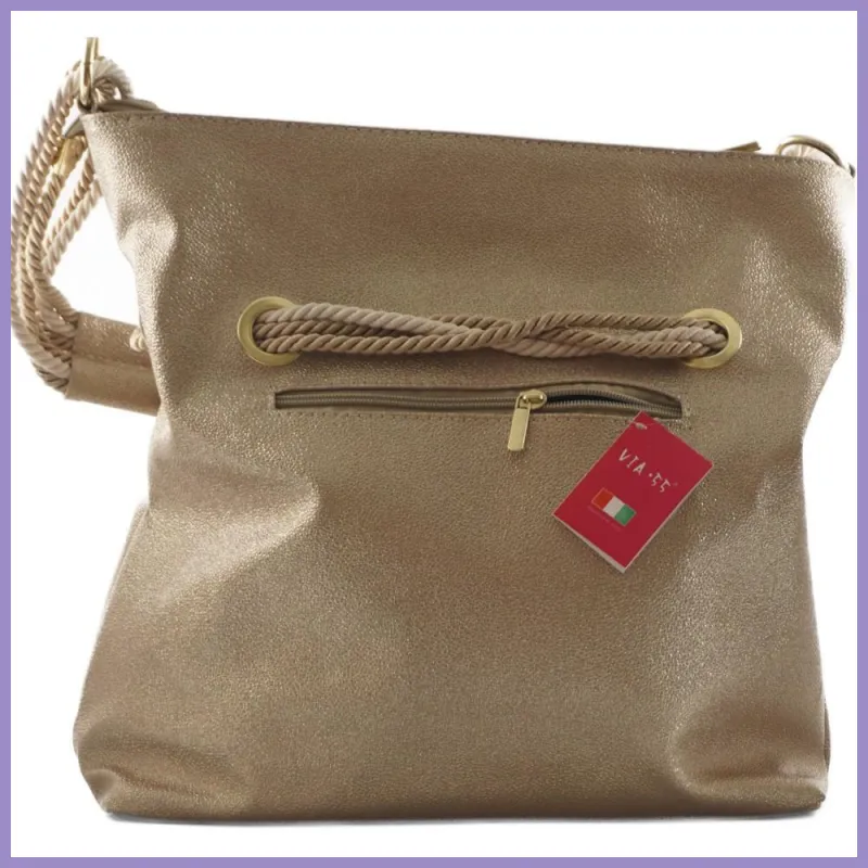 VIA55 női válltáska kötéllel és karikával, rostbőr, arany lupusbag-hu 4