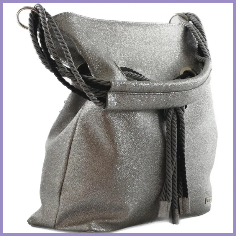 VIA55 női válltáska kötéllel és karikával, rostbőr, ezüst lupusbag-hu 3