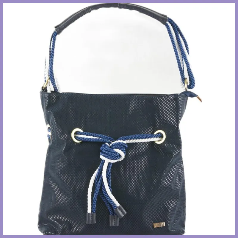 VIA55 női válltáska kötéllel és karikával, rostbőr, kék-fehér lupusbag-hu 1