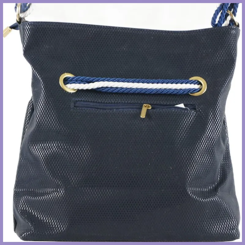 VIA55 női válltáska kötéllel és karikával, rostbőr, kék-fehér lupusbag-hu 4