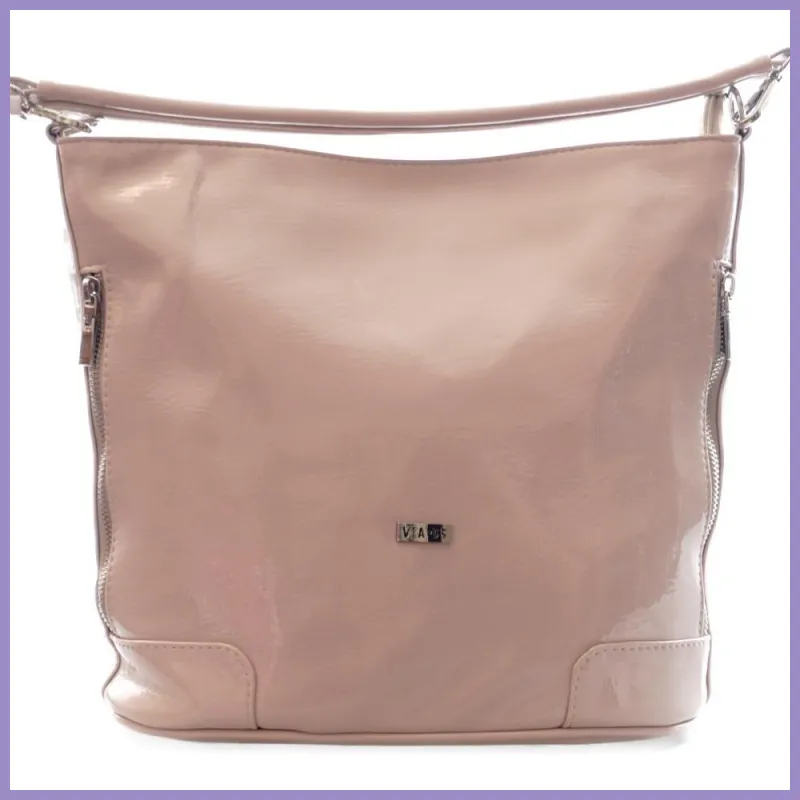 VIA55 női válltáska oldalain zsebekkel, rostbőr, bézs lupusbag-hu 1