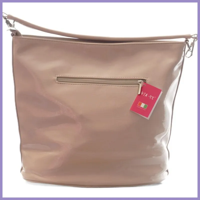 VIA55 női válltáska oldalain zsebekkel, rostbőr, bézs lupusbag-hu 3