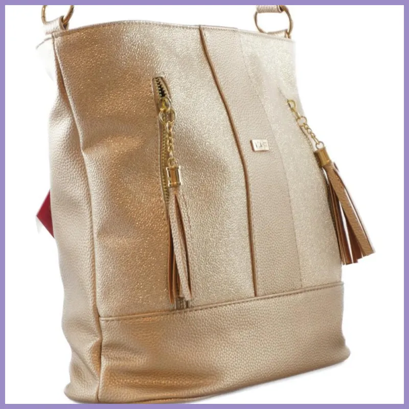 VIA55 női válltáska sok zsebbel, rostbőr, arany lupusbag-hu 3
