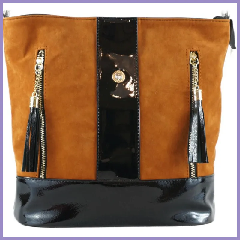 VIA55 női válltáska sok zsebbel, rostbőr, barna lupusbag-hu 2