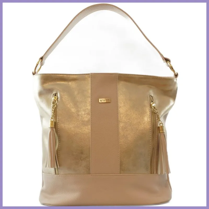 VIA55 női válltáska sok zsebbel, rostbőr, bézs lupusbag-hu 1