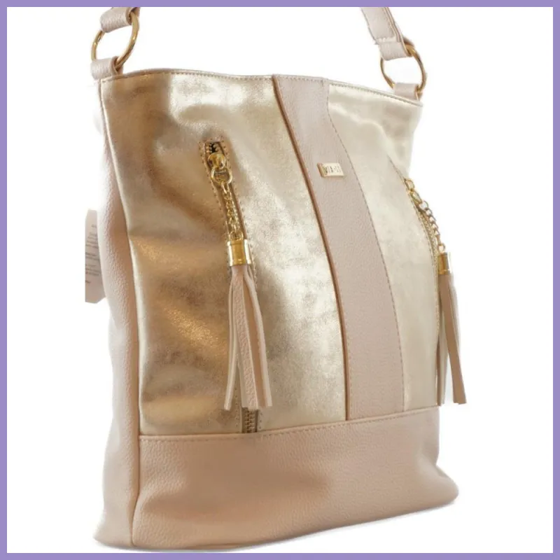 VIA55 női válltáska sok zsebbel, rostbőr, bézs lupusbag-hu 3