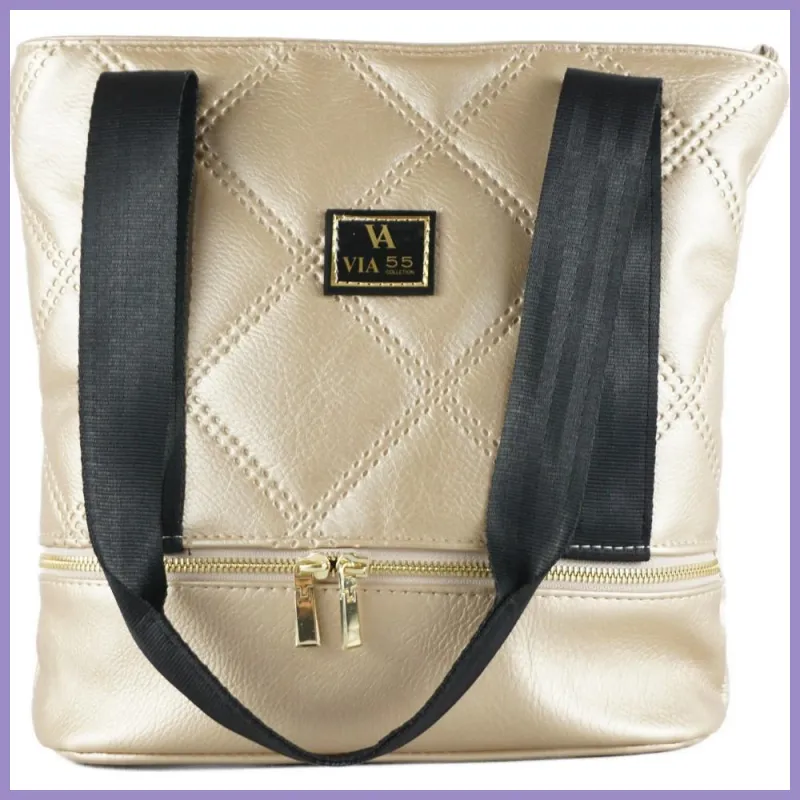 VIA55 női válltáska varrott biz.öv jellegű pánttal, rostbőr, arany lupusbag-hu 1