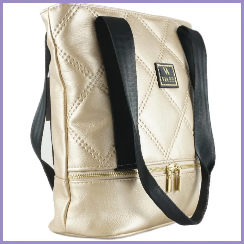VIA55 női válltáska varrott biz.öv jellegű pánttal, rostbőr, arany lupusbag-hu 2