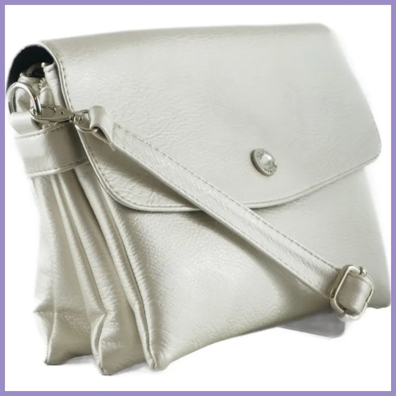 VIA55 tripla rekeszes női keresztpántos táska, rostbőr, ezüst lupusbag-hu 2