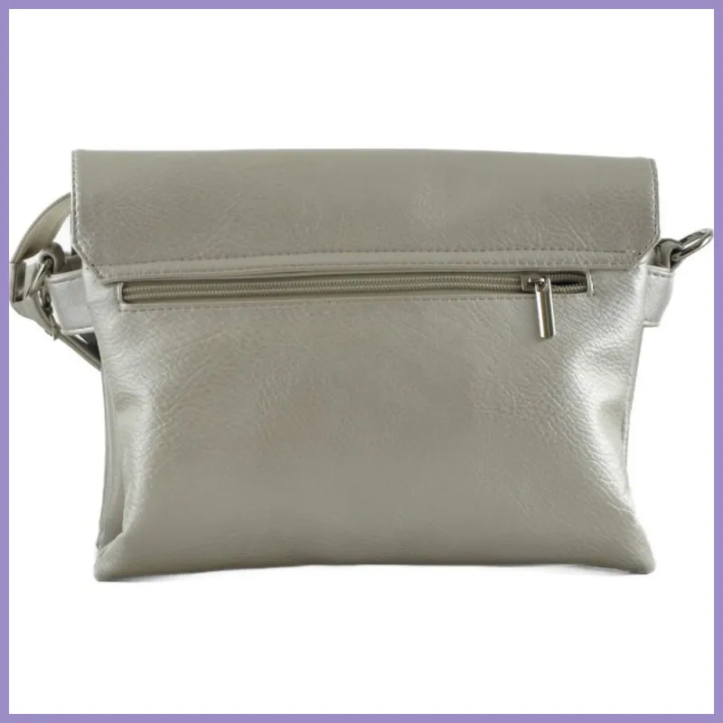 VIA55 tripla rekeszes női keresztpántos táska, rostbőr, ezüst lupusbag-hu 3