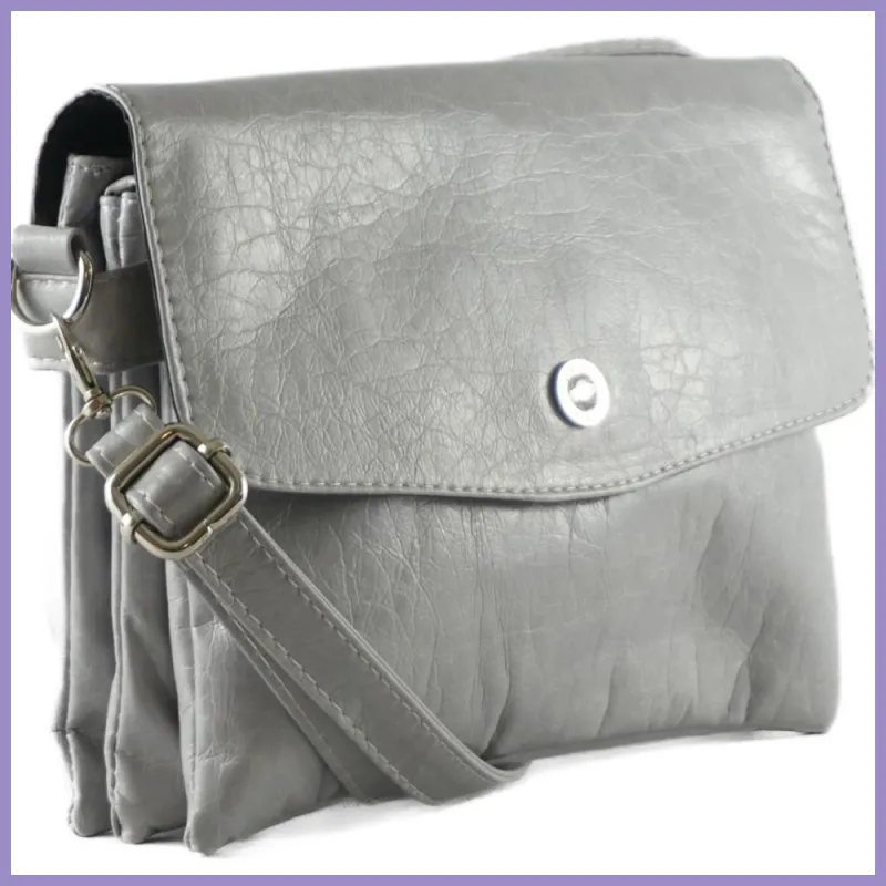 VIA55 tripla rekeszes női keresztpántos táska, rostbőr, szürke lupusbag-hu 2